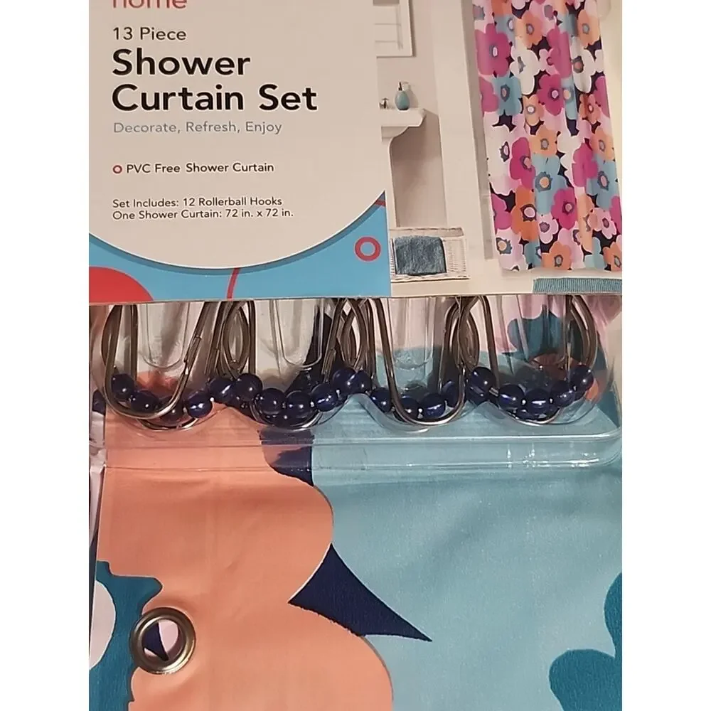 Just Home PVC Shower Curtain Set 13 pc Floral Multicolor Rollerball Hooks 72